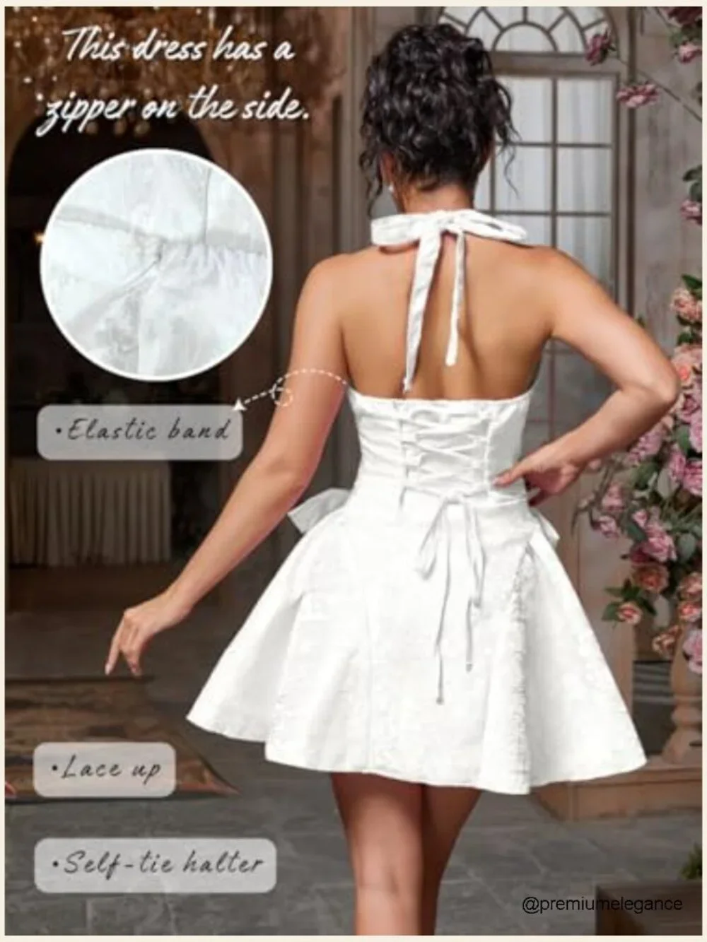 Halter V-Neck Mini Dress, Jacquard Bow A-Line, Prom Formal - Picture 4 of 7